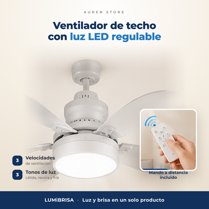 Ventilador de techo con luz LED regulable: 3 velocidades, 3 tonos de luz y mando a distancia incluido